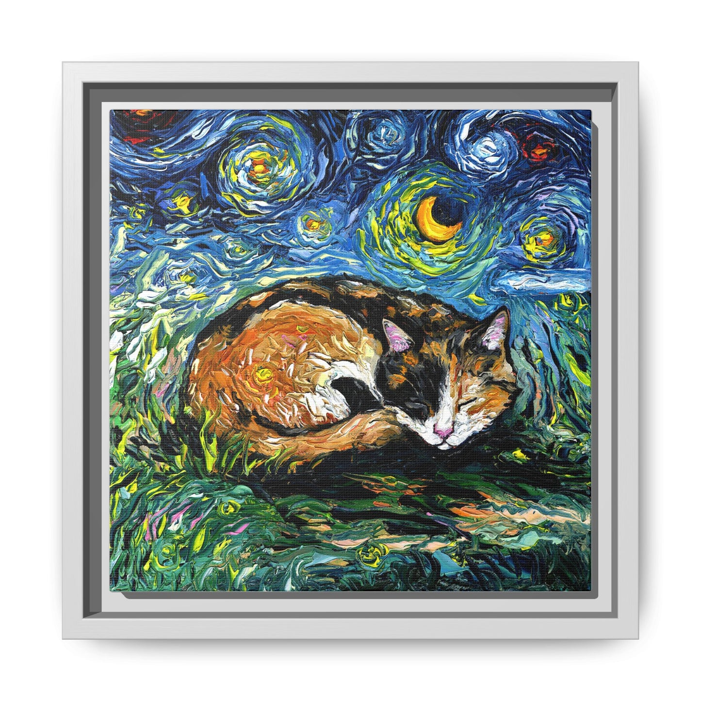 "Sleepy Calico Night" Framed Canvas Wall Art