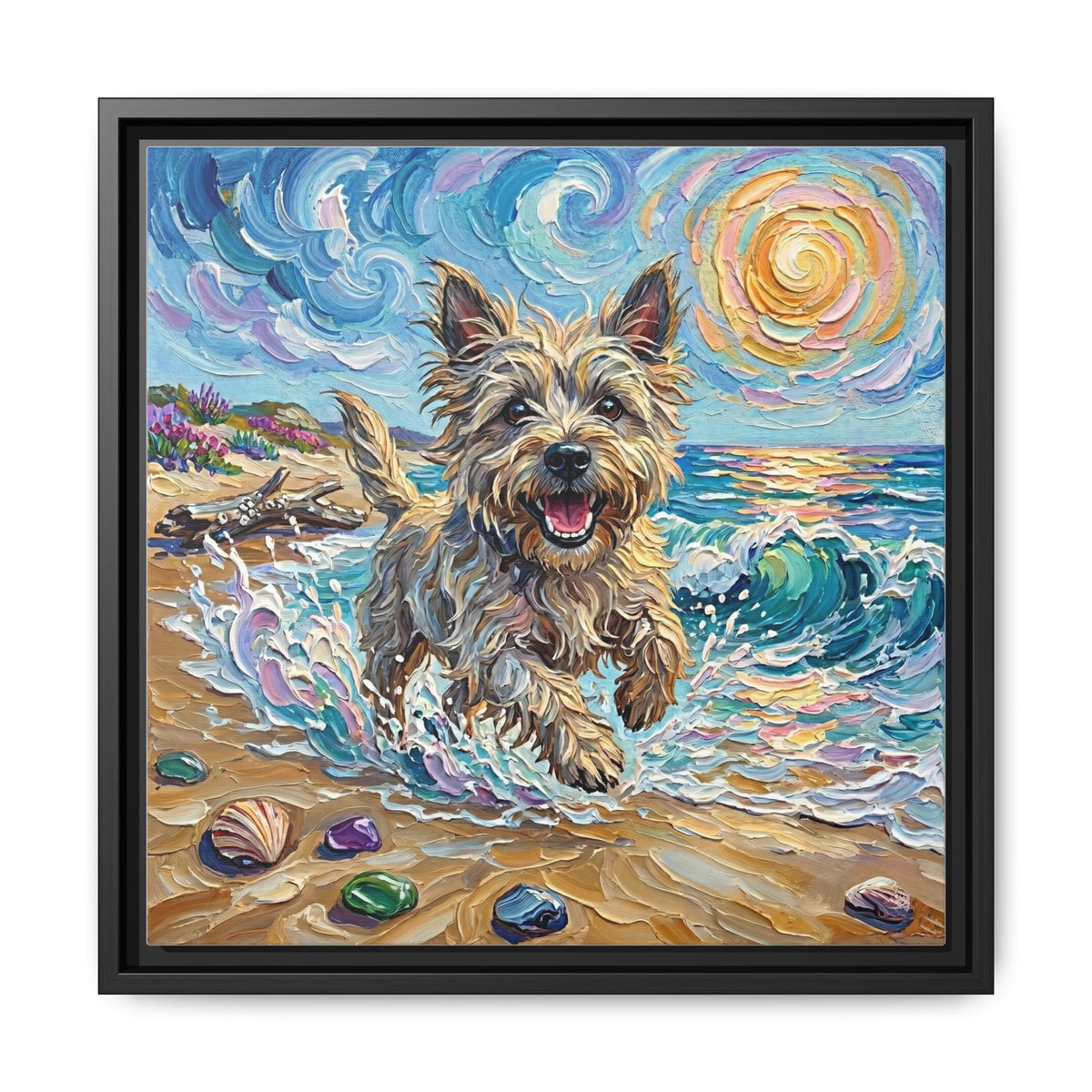 "Beach Days - Cairn Terrier" Framed Canvas Wall Art