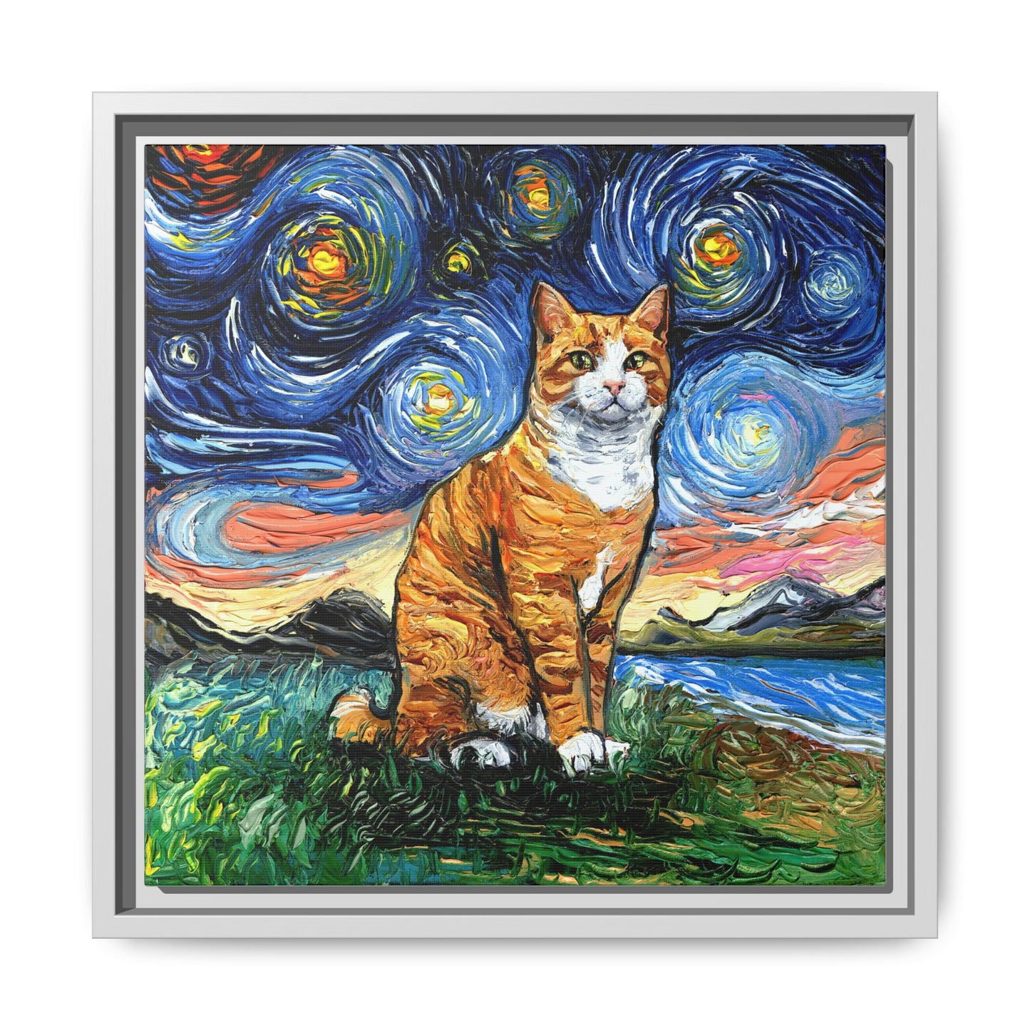 "Orange Tuxedo Tabby Night" Framed Canvas Wall Art