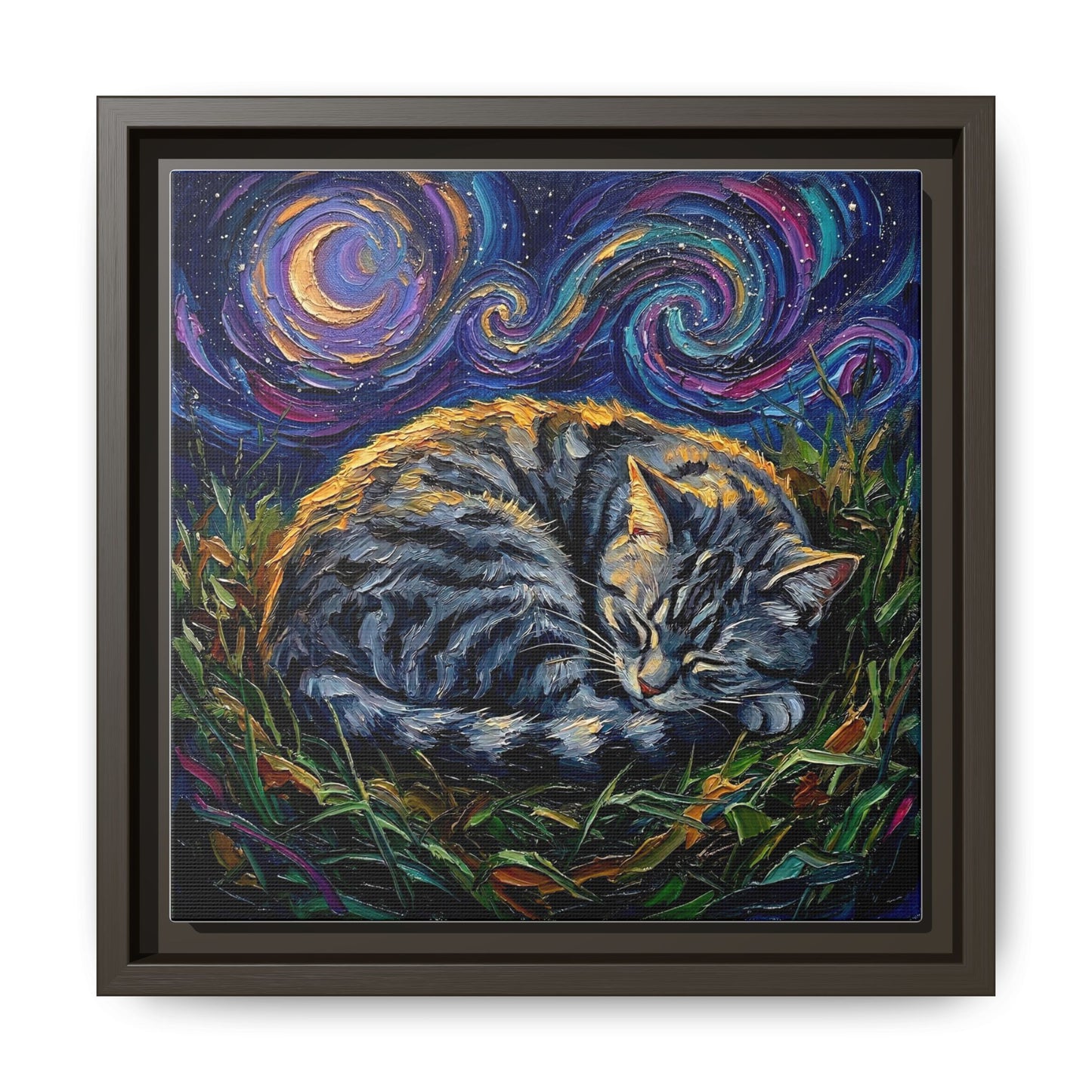 "Sleepy American Shorthair Tabby Night" Framed Canvas Wall Art