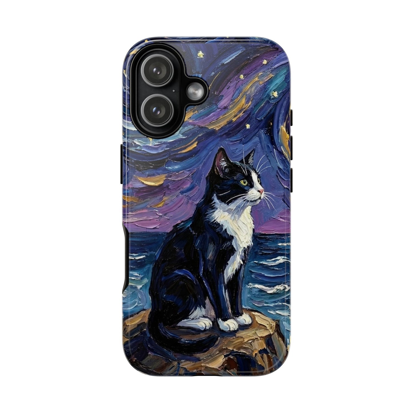 Tuxedo Cat Coastal Starry Night Art Phone Case