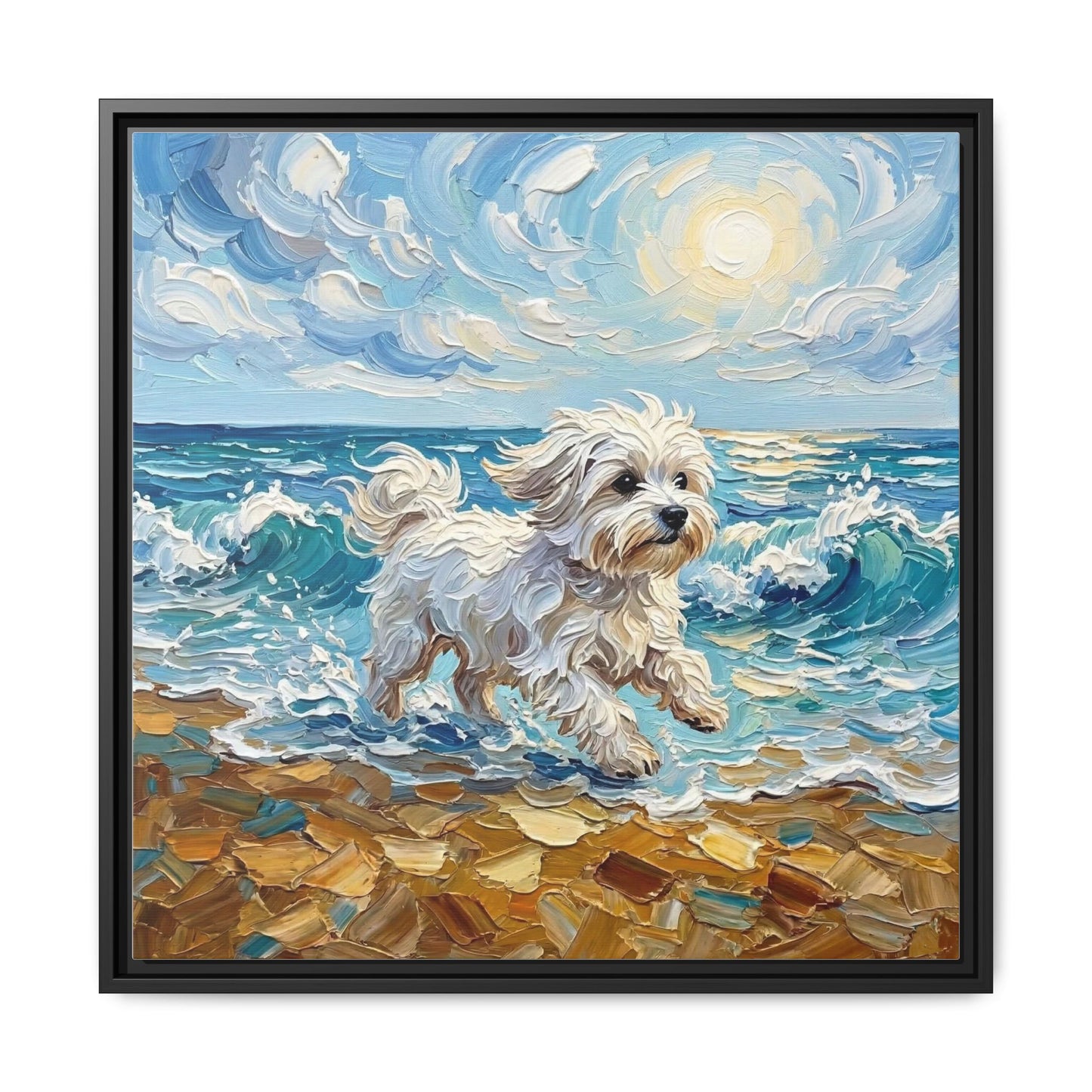 "Beach Day - Maltese" Framed Canvas Wall Art