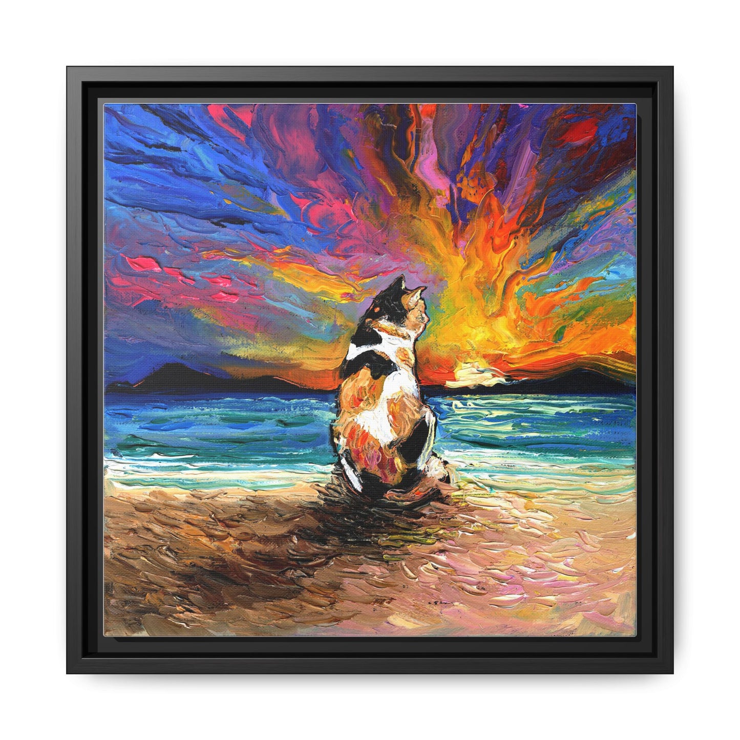 "Beach Day - Calico Cat" Framed Canvas Wall Art