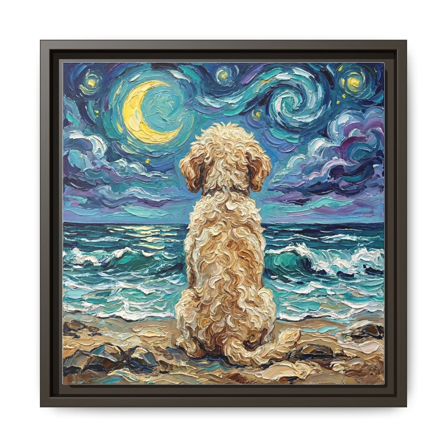 "Beach Nights - Goldendoodle" Framed Canvas Wall Art