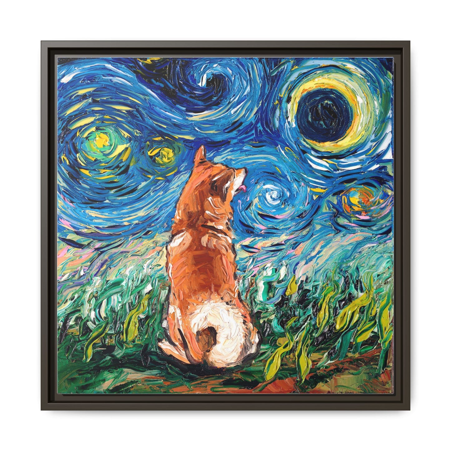 "Shiba Inu Night" Framed Canvas Wall Art