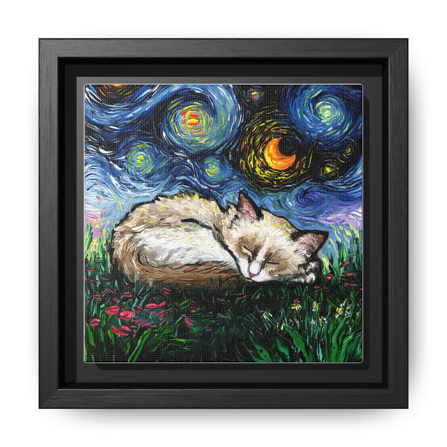 "Sleepy Ragdoll Kitten Night" Framed Canvas Wall Art