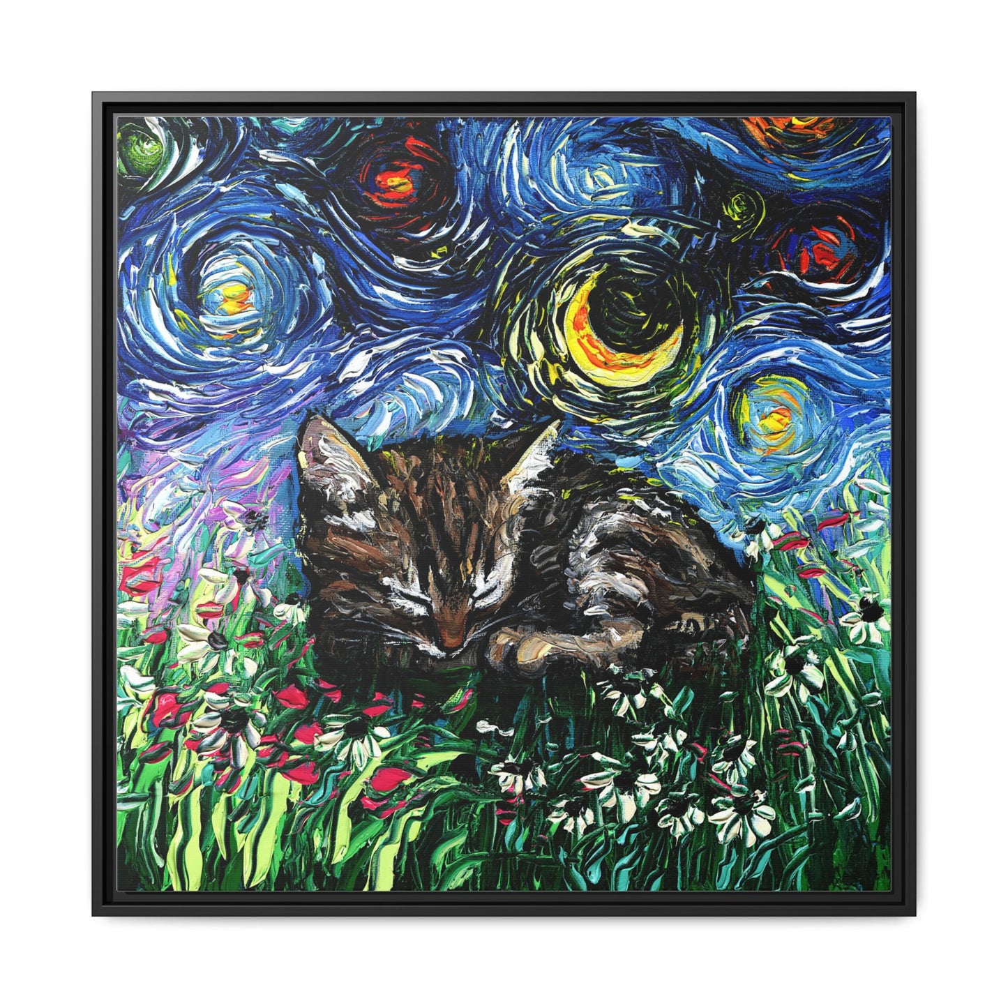 "Sleepy Tabby Kitten Night" Framed Canvas Wall Art