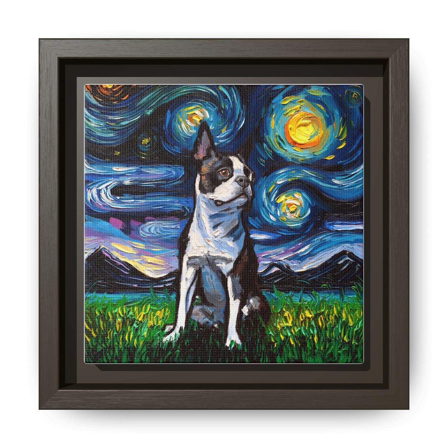 "Boston Terrier Night" Framed Canvas Wall Art