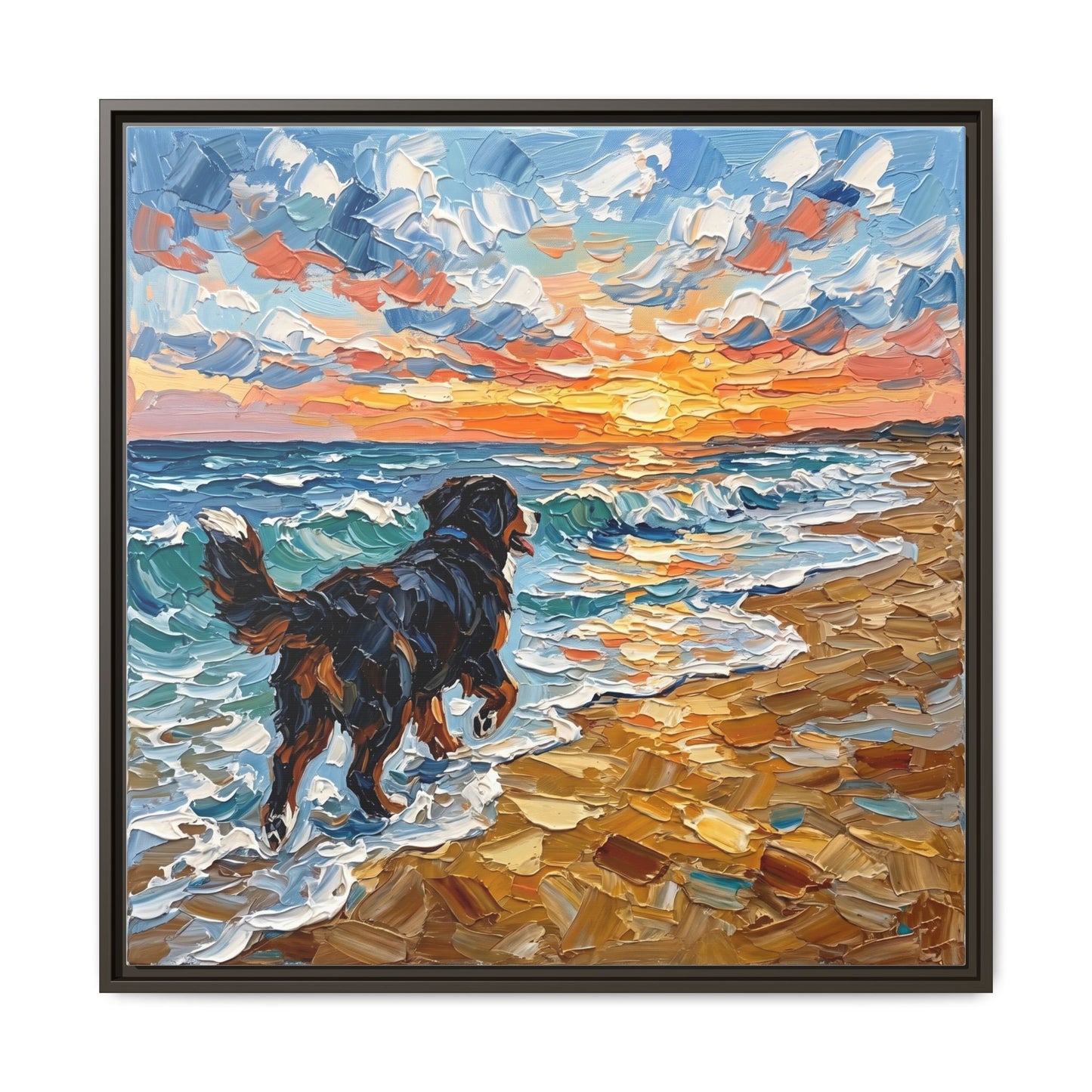 "Beach Day - Frolicking Bernese Mountain Dog" Framed Canvas Wall Art