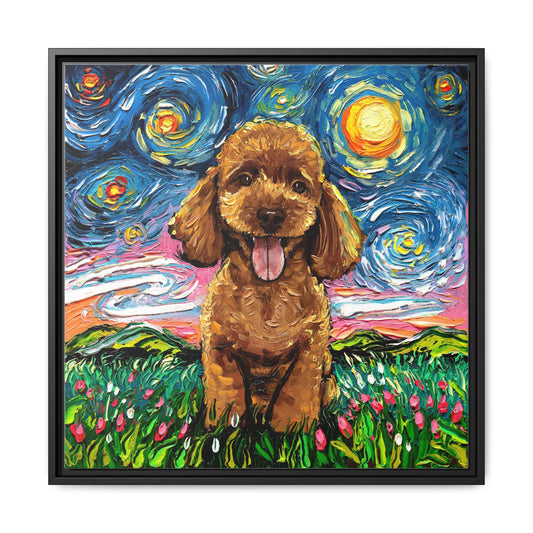 "Apricot Poodle Puppy Night" Framed Canvas Wall Art