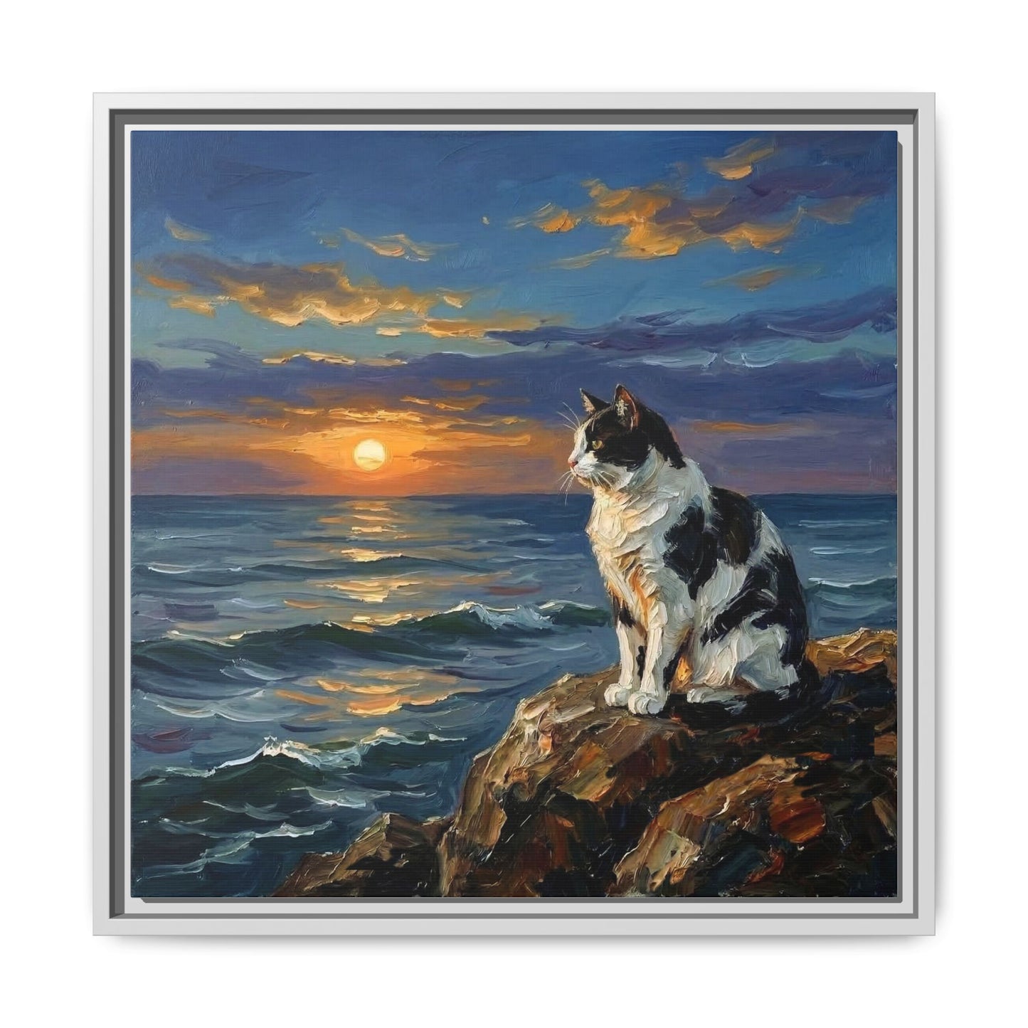 "Beach Day - Magpie Cat" Framed Canvas Wall Art