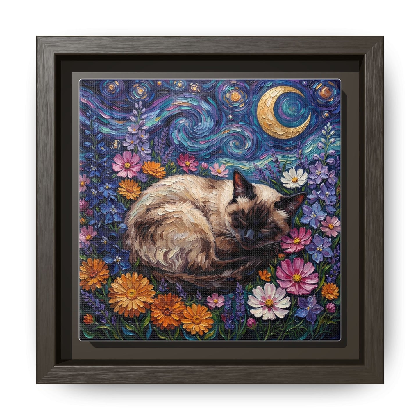 "Amongst The Flowers - Siamese Cat" Framed Canvas Wall Art