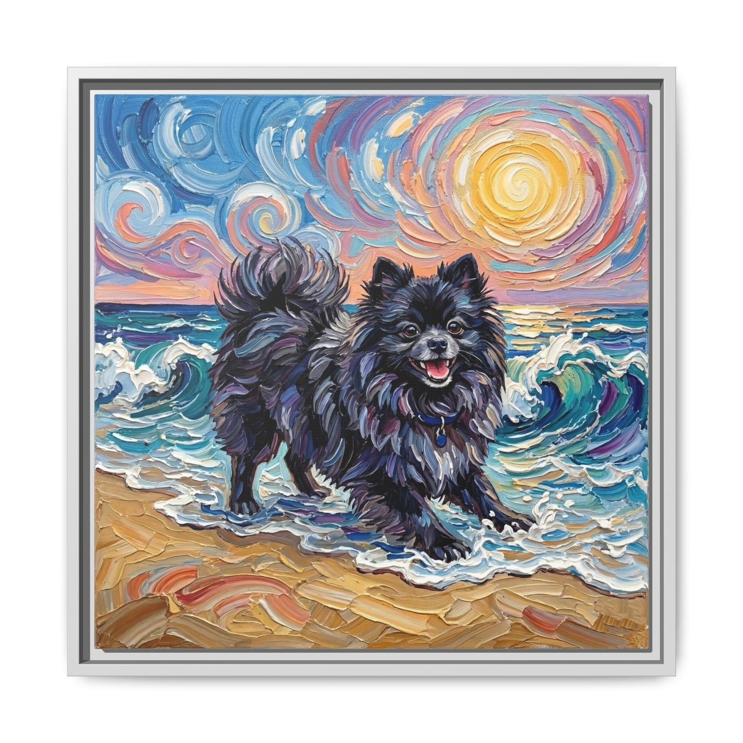 "Beach Day - Black Pomeranian" Framed Canvas Wall Art