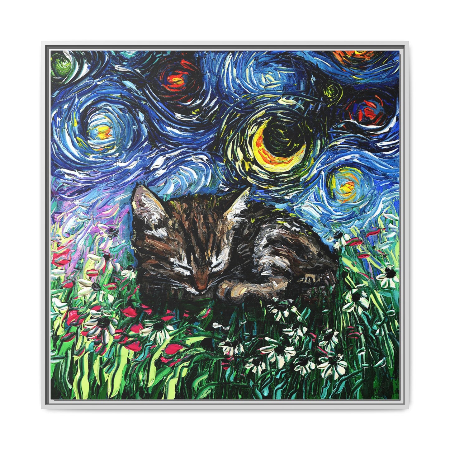 "Sleepy Tabby Kitten Night" Framed Canvas Wall Art