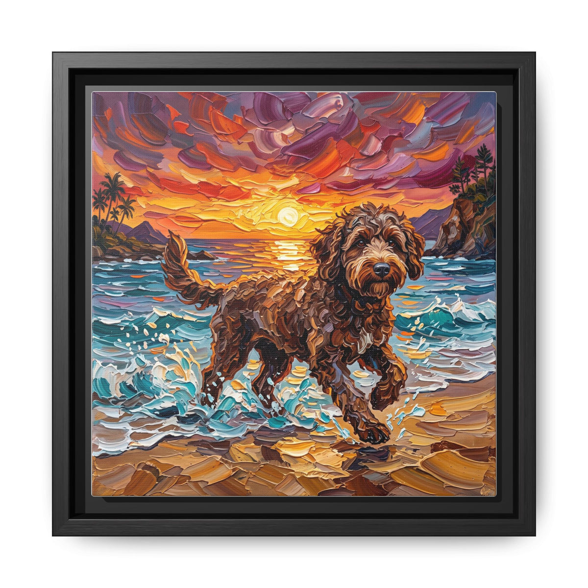 "Beach Day - Brown Goldendoodle" Framed Canvas Wall Art