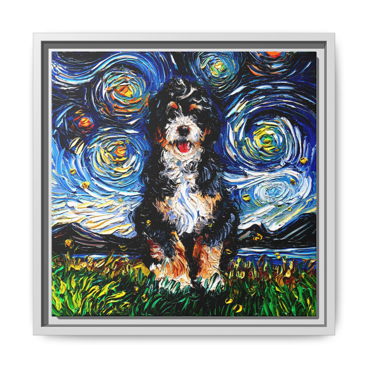 "Bernedoodle Night" Framed Canvas Wall Art