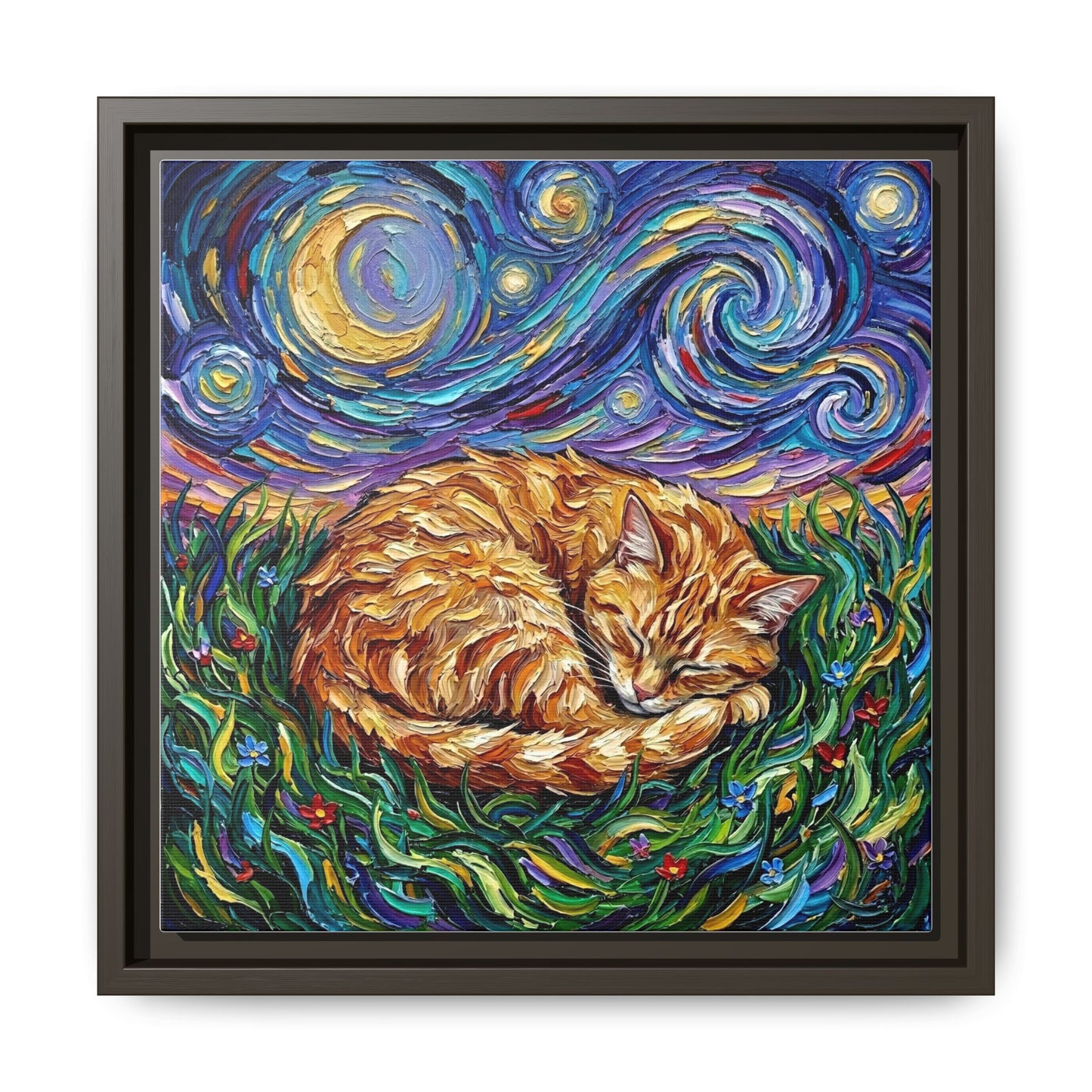 "Sleepy Orange Tabby Night" Framed Canvas Wall Art