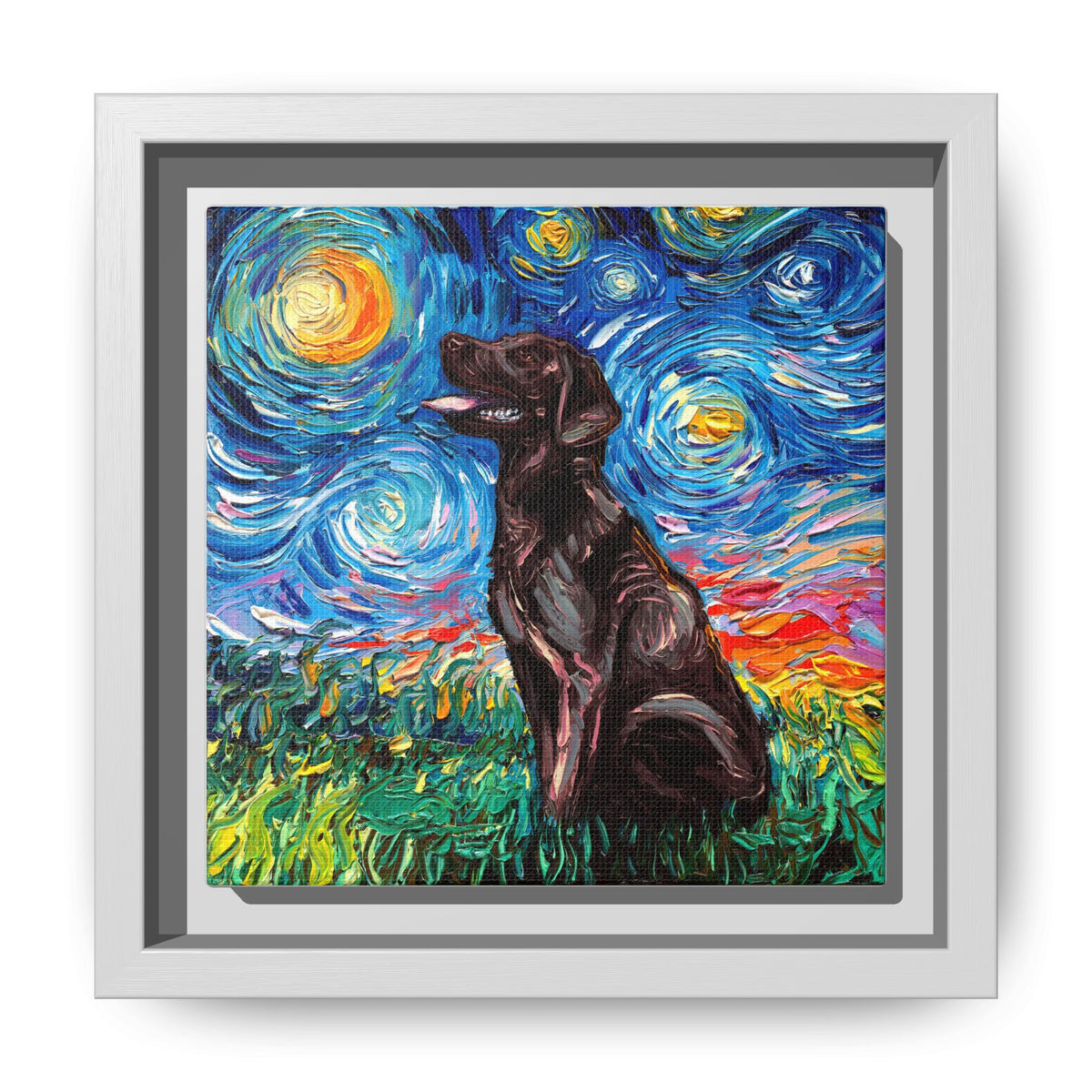"Chocolate Labrador Night" Framed Canvas Wall Art