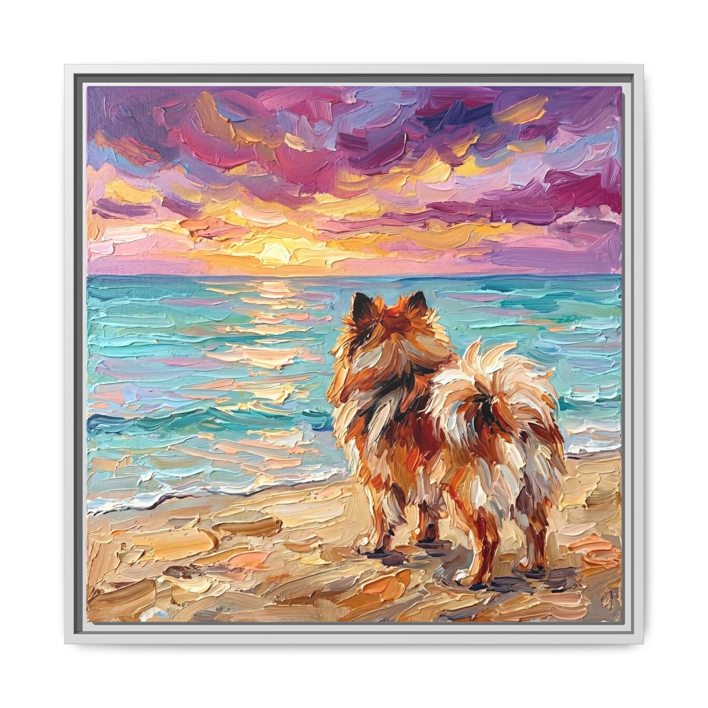 "Beach Sunset - Pomeranian" Framed Canvas Wall Art