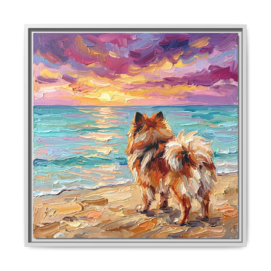 "Beach Sunset - Pomeranian" Framed Canvas Wall Art
