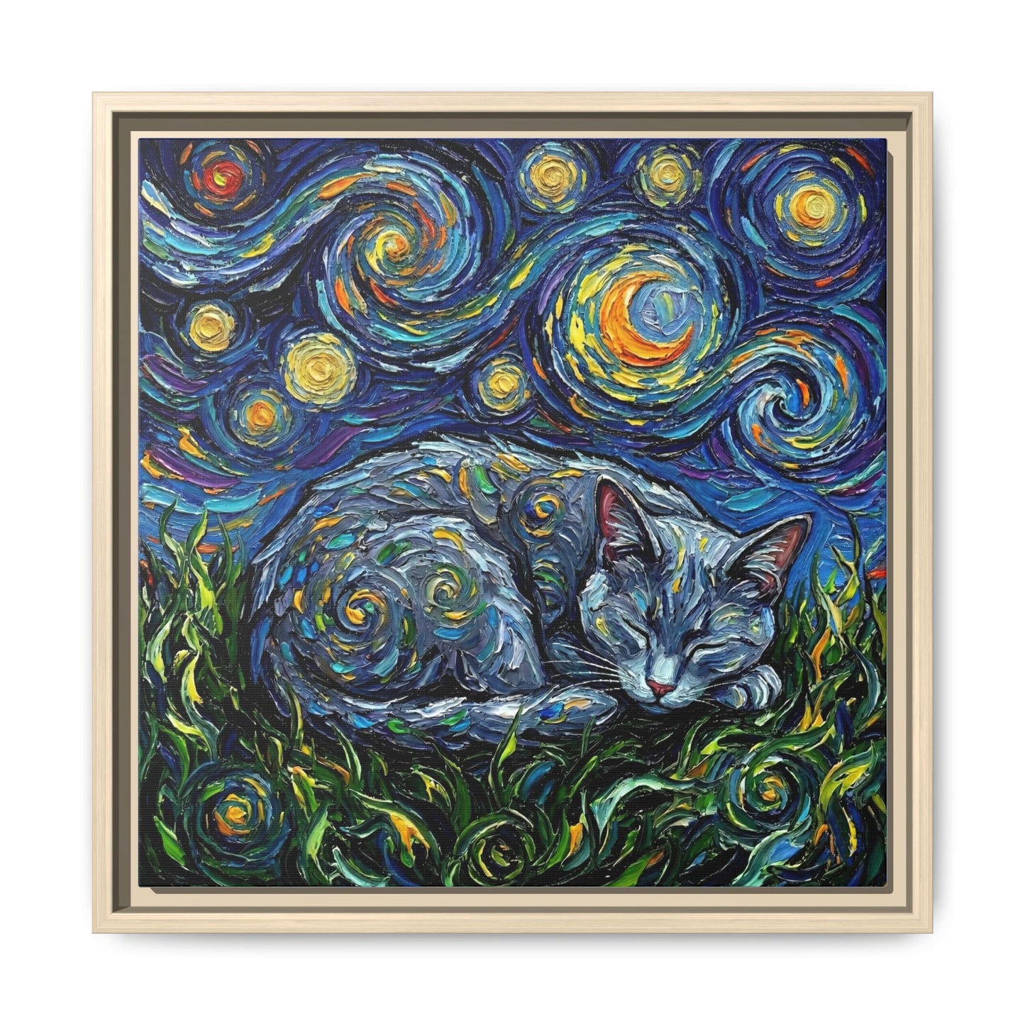 "Sleepy Korat Cat Night" Framed Canvas Wall Art