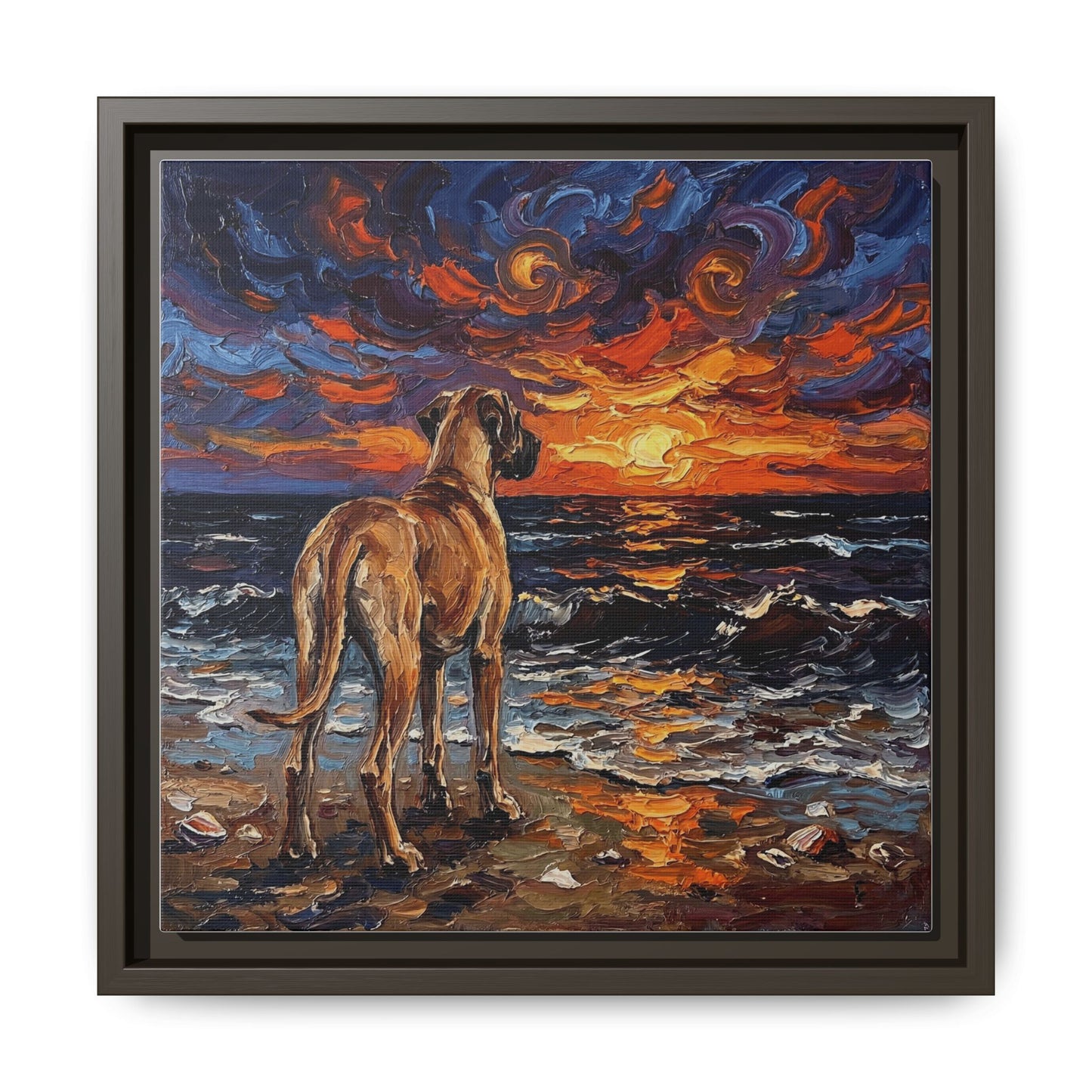 "Beach Sunset - Fawn Great Dane" Framed Canvas Wall Art
