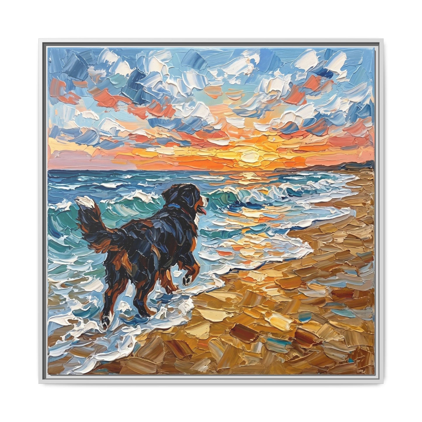 "Beach Day - Frolicking Bernese Mountain Dog" Framed Canvas Wall Art