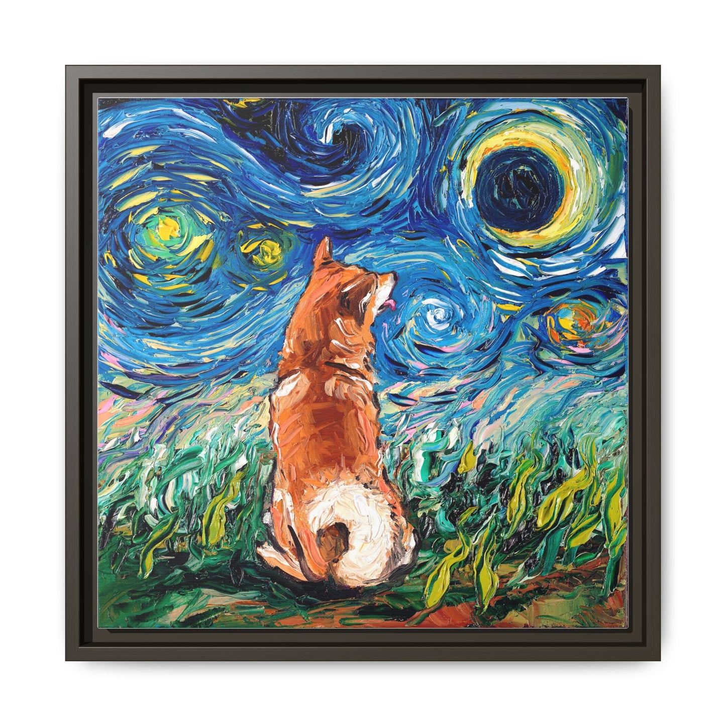 "Shiba Inu Night" Framed Canvas Wall Art