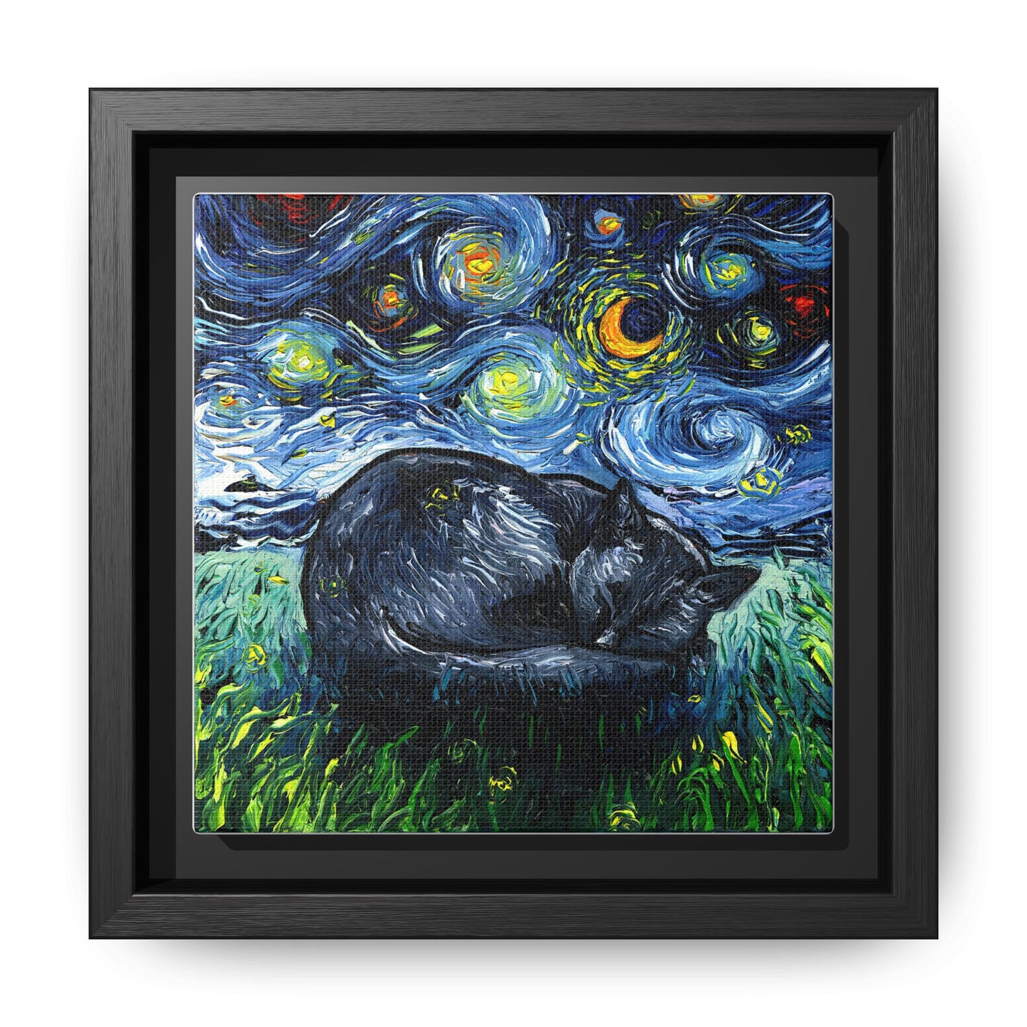 "Sleepy Black Cat Night" Framed Canvas Wall Art
