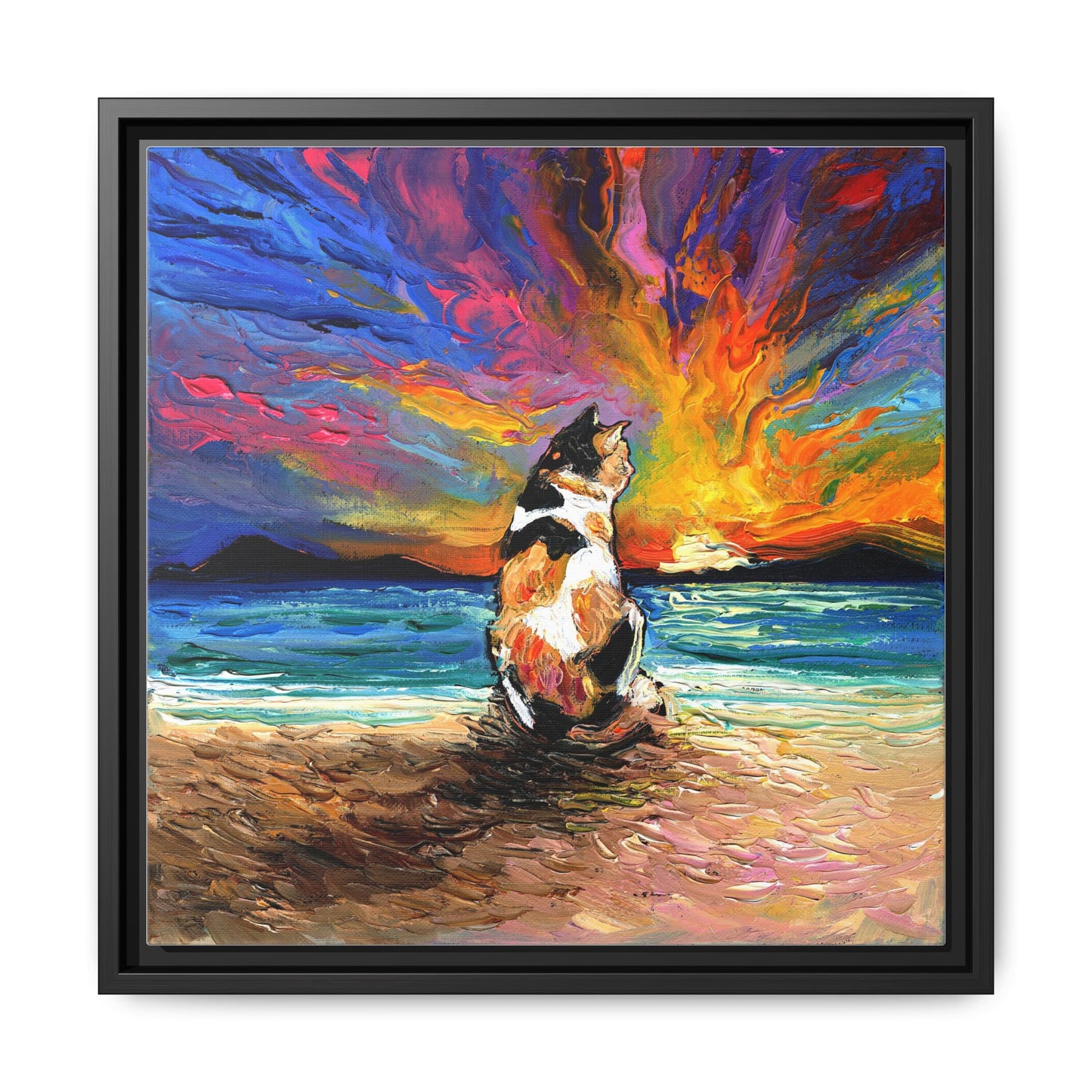 "Beach Day - Calico Cat" Framed Canvas Wall Art