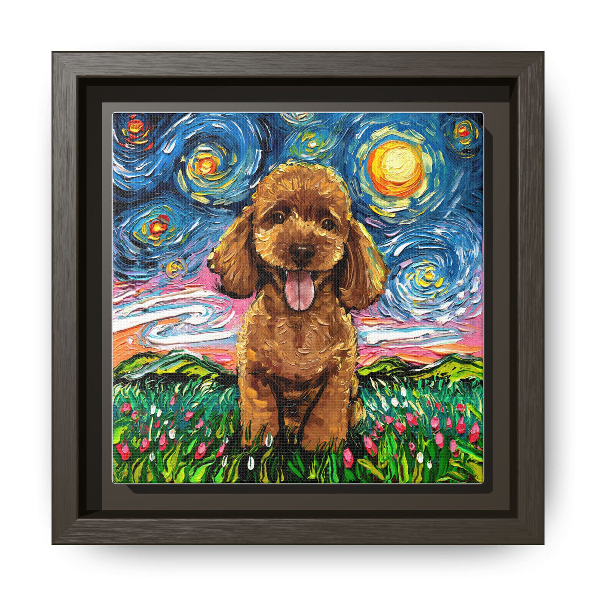 "Apricot Poodle Puppy Night" Framed Canvas Wall Art