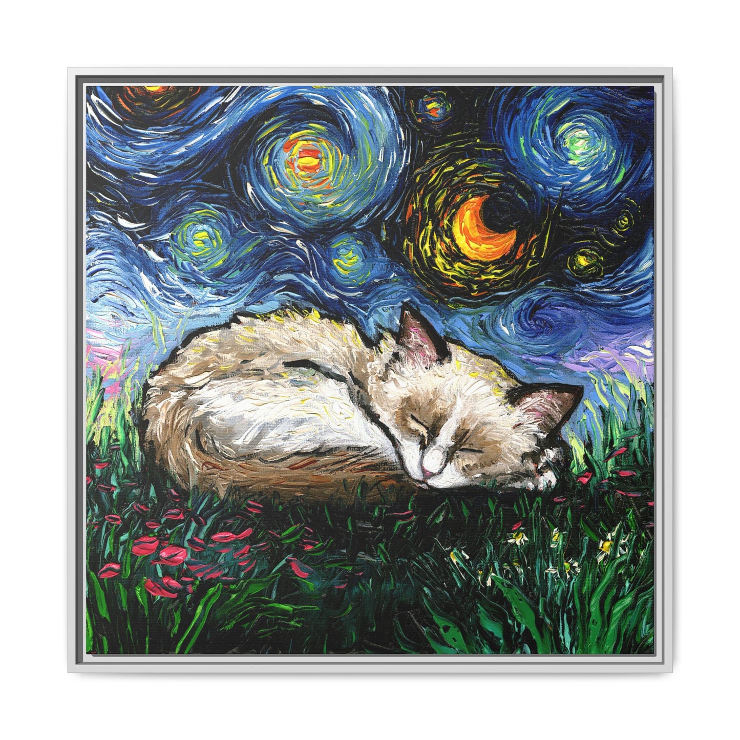 "Sleepy Ragdoll Kitten Night" Framed Canvas Wall Art