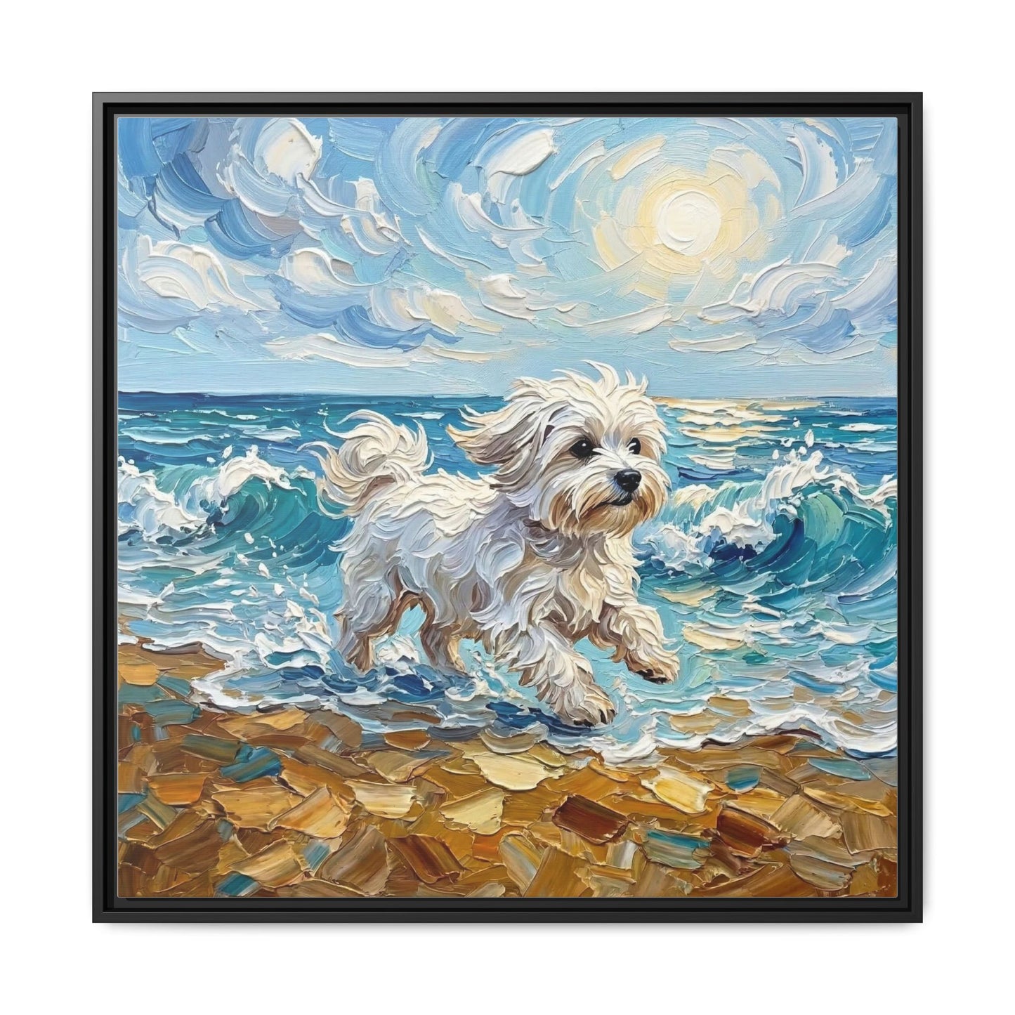 "Beach Day - Maltese" Framed Canvas Wall Art