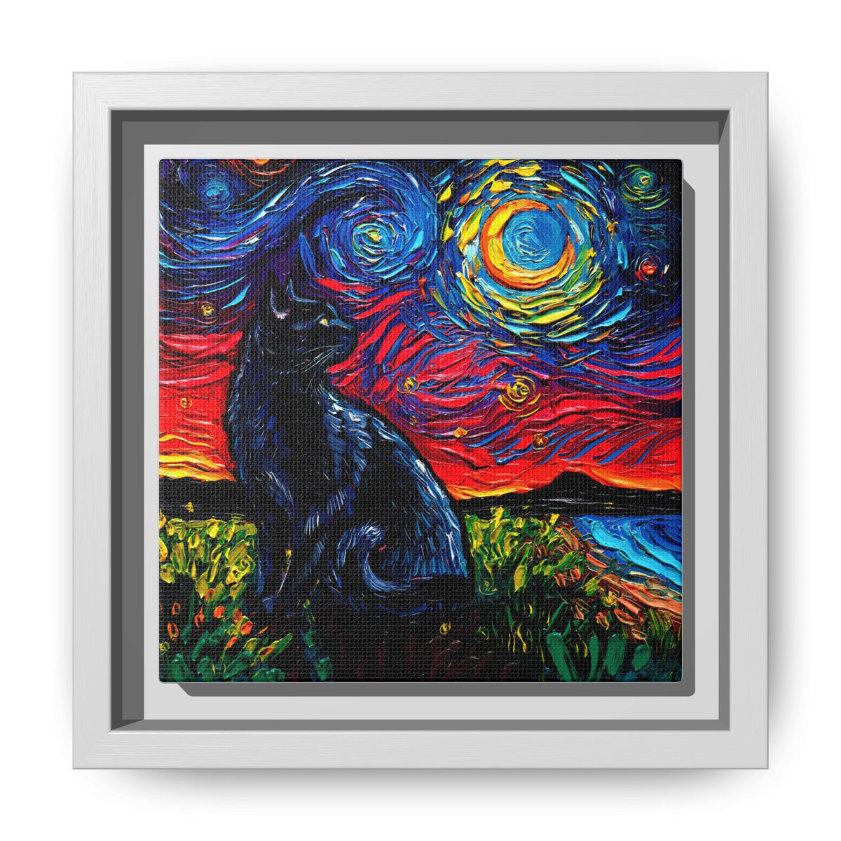 "Black Cat Night" Framed Canvas Wall Art