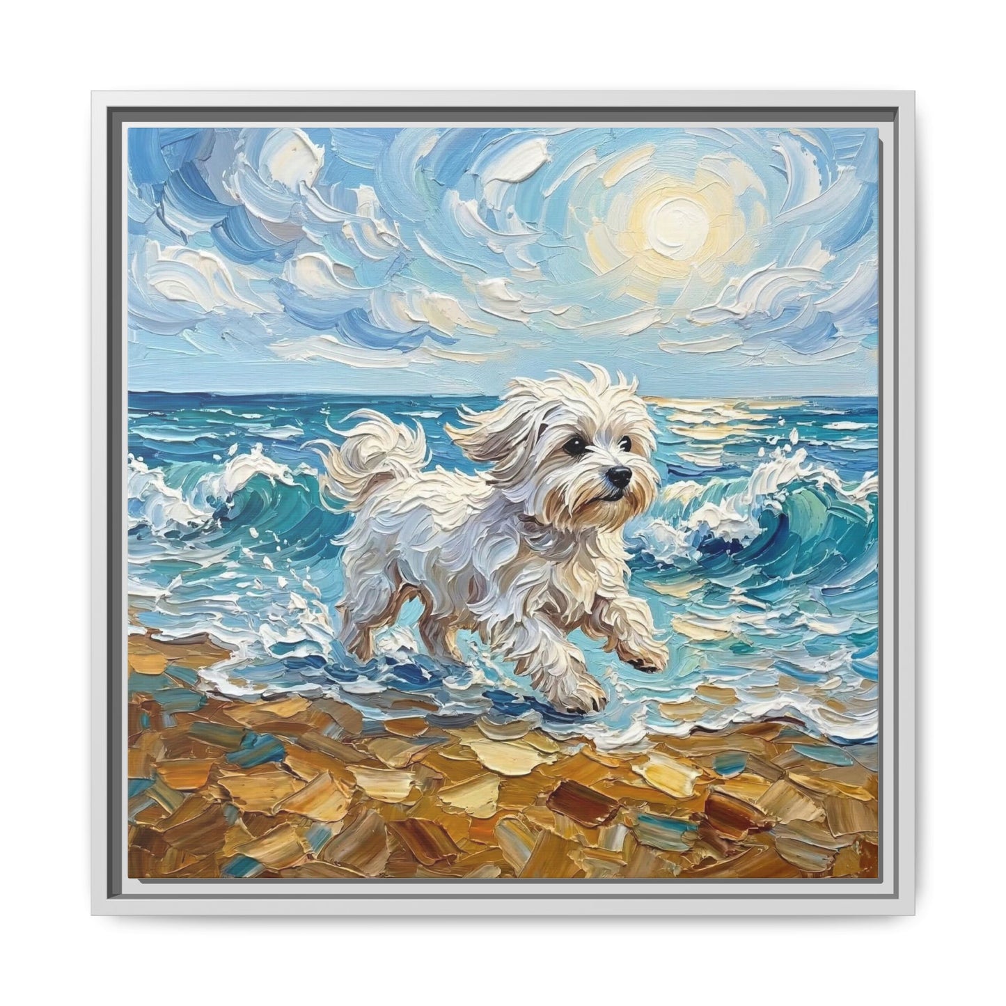 "Beach Day - Maltese" Framed Canvas Wall Art