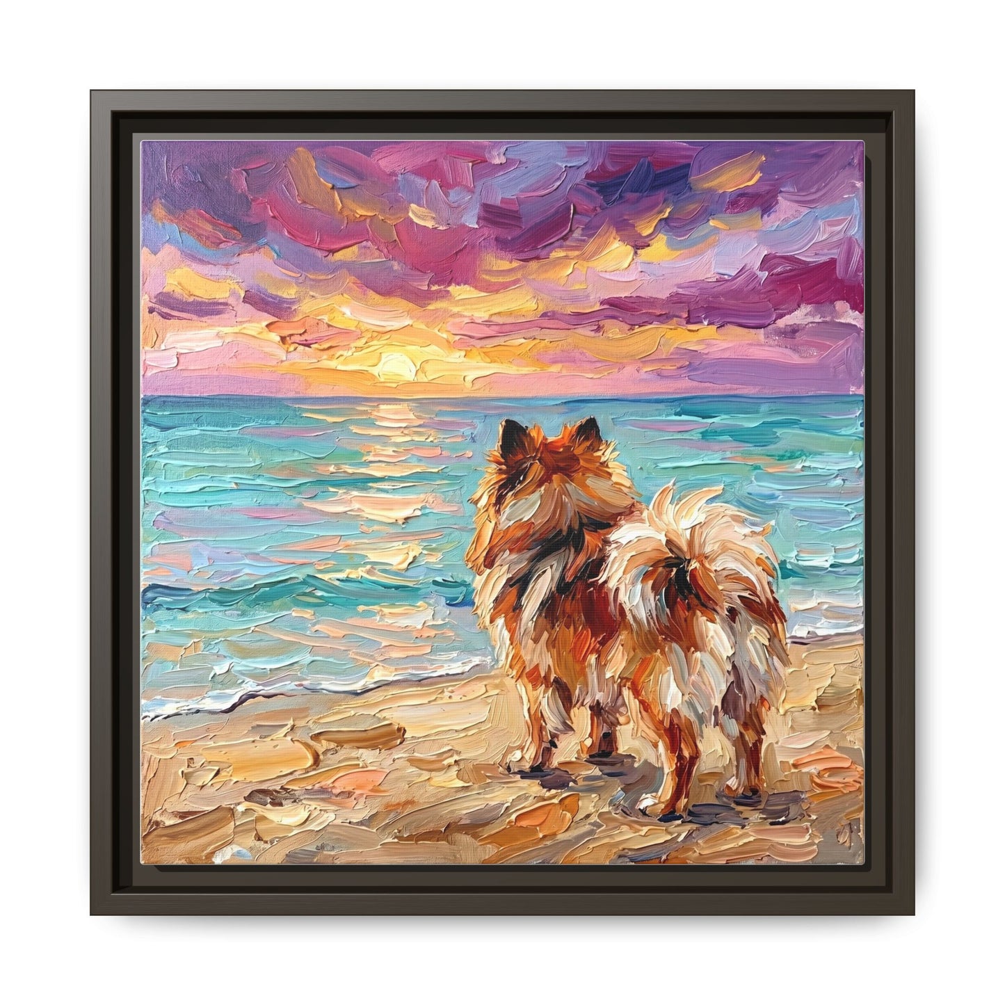 "Beach Sunset - Pomeranian" Framed Canvas Wall Art