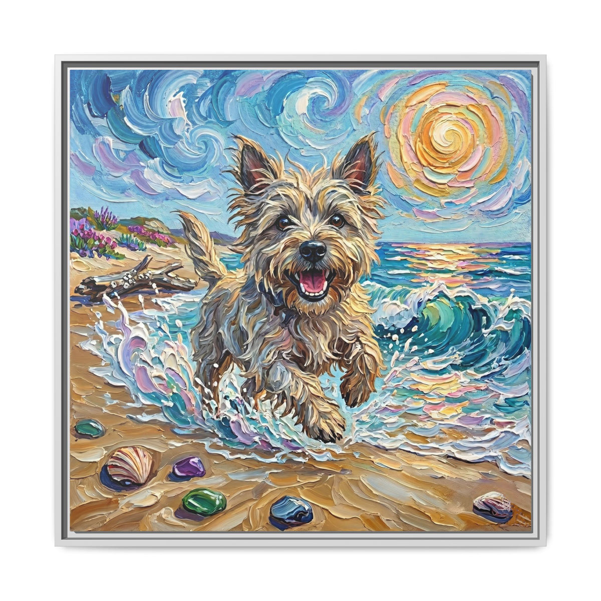 "Beach Days - Cairn Terrier" Framed Canvas Wall Art