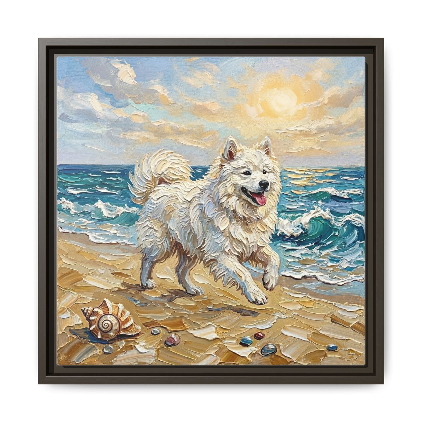 "Beach Day - Samoyed" Framed Canvas Wall Art
