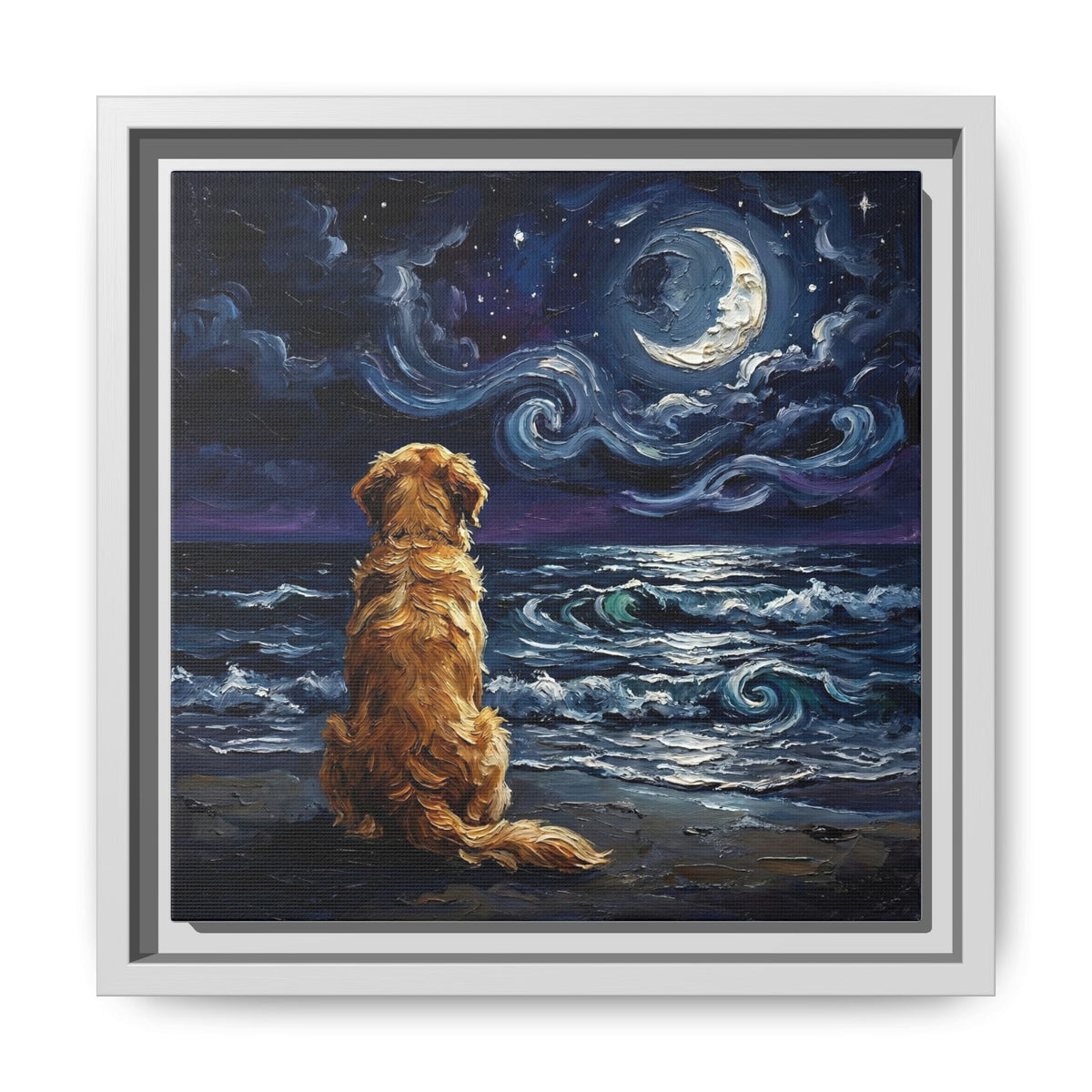 "Beach Night - Golden Retriever" Framed Canvas Wall Art