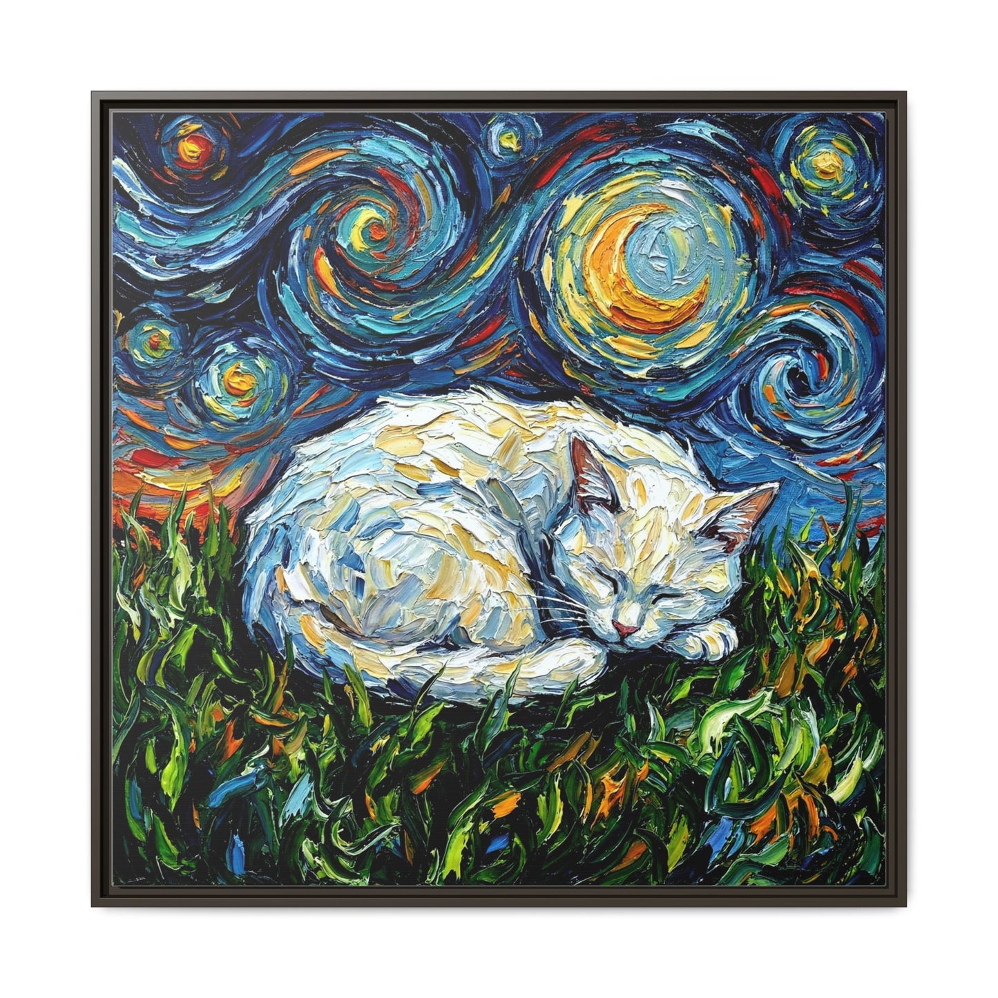 "Sleepy White Cat Night" Framed Canvas Wall Art