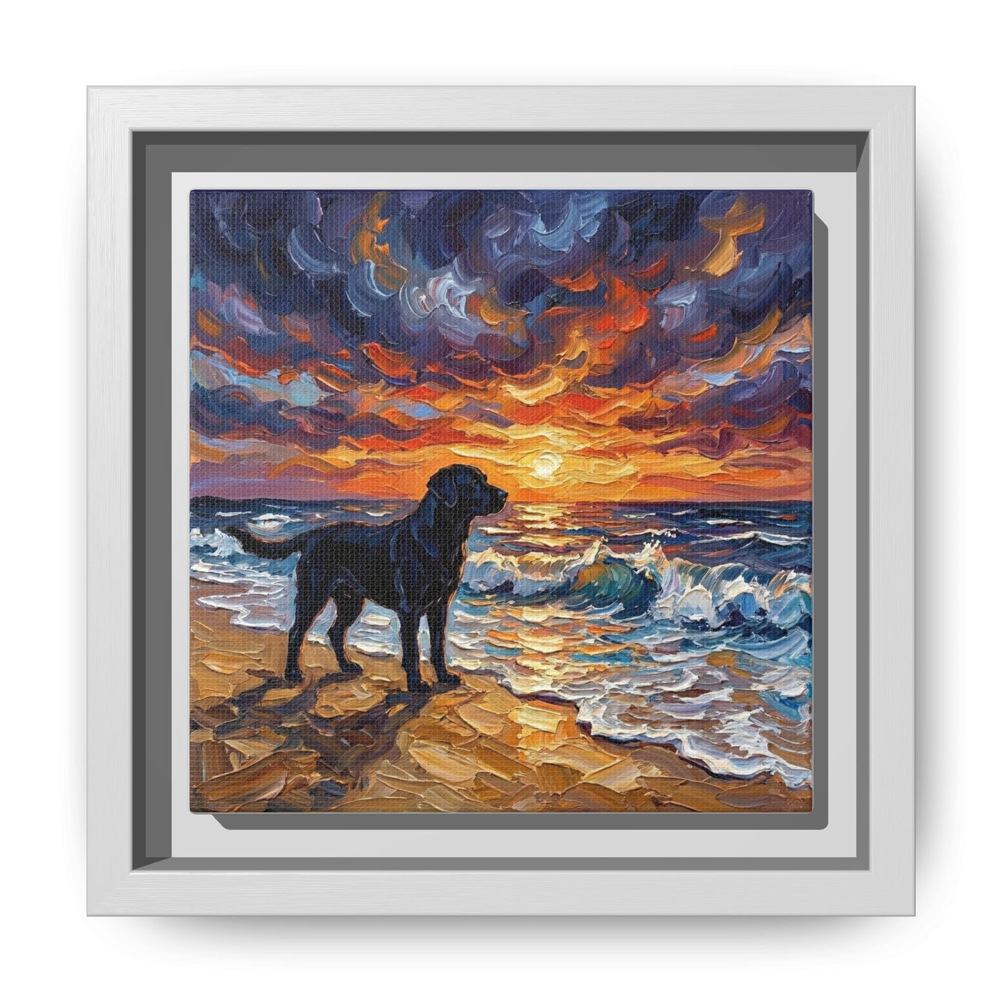 "Beach Sunset - Black Labrador" Framed Canvas Wall Art
