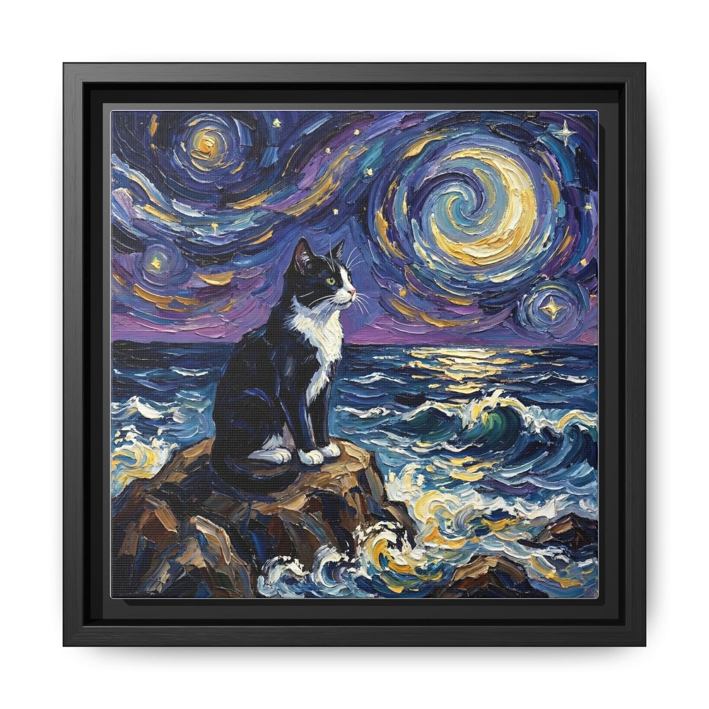 "Beach Night - Tuxedo Cat" Framed Canvas Wall Art