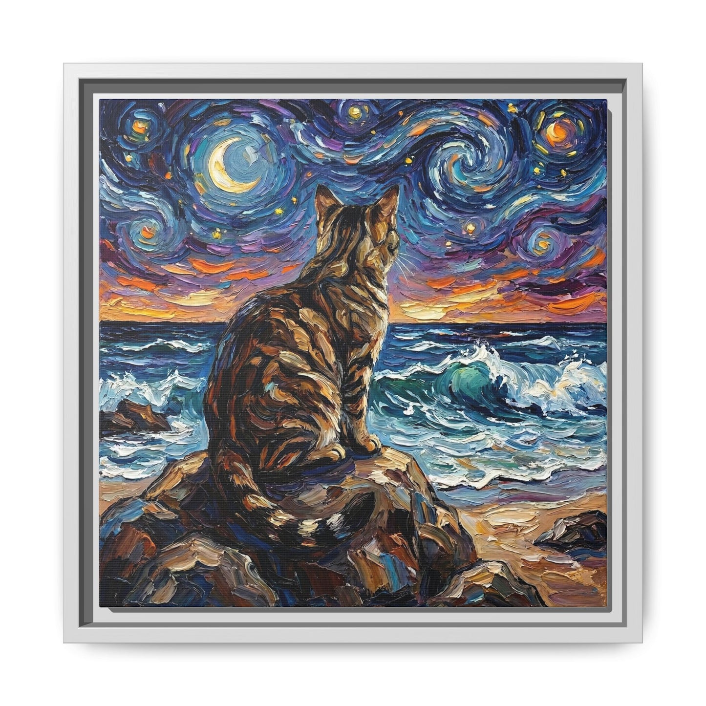 "Beach Night - Brown Tabby" Framed Canvas Wall Art