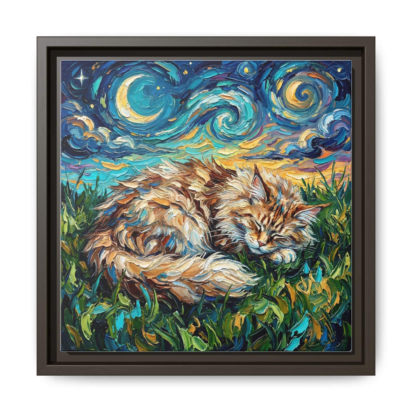 "Sleepy Maine Coon Night" Framed Canvas Wall Art