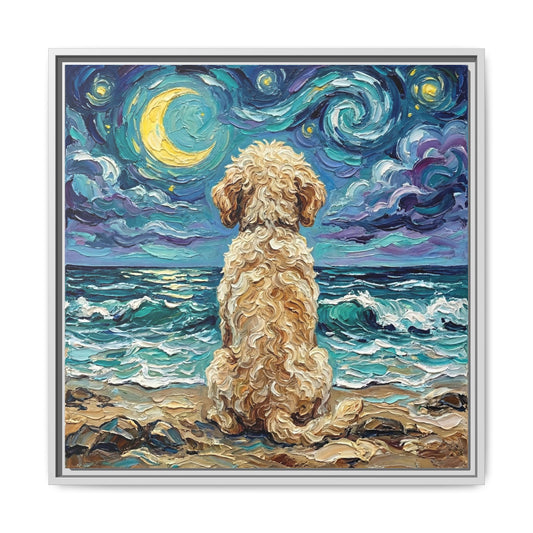 "Beach Nights - Goldendoodle" Framed Canvas Wall Art