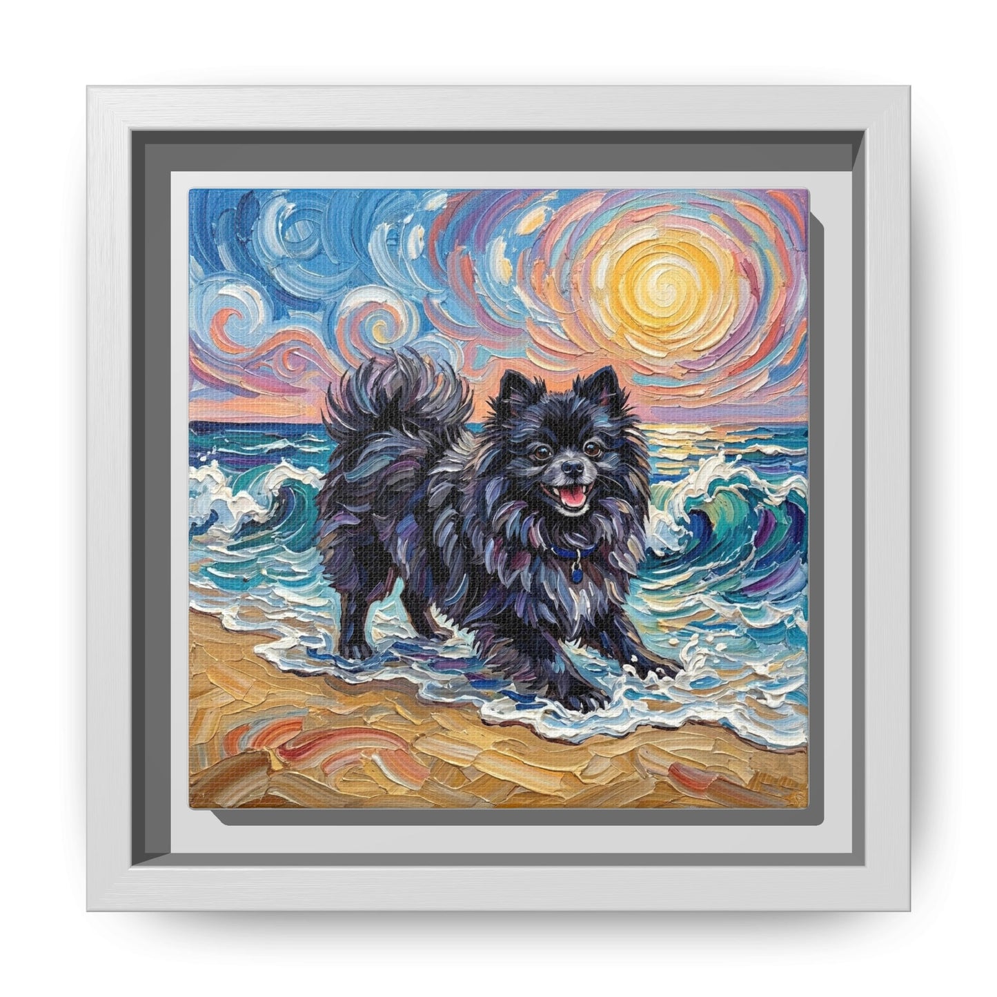 "Beach Day - Black Pomeranian" Framed Canvas Wall Art