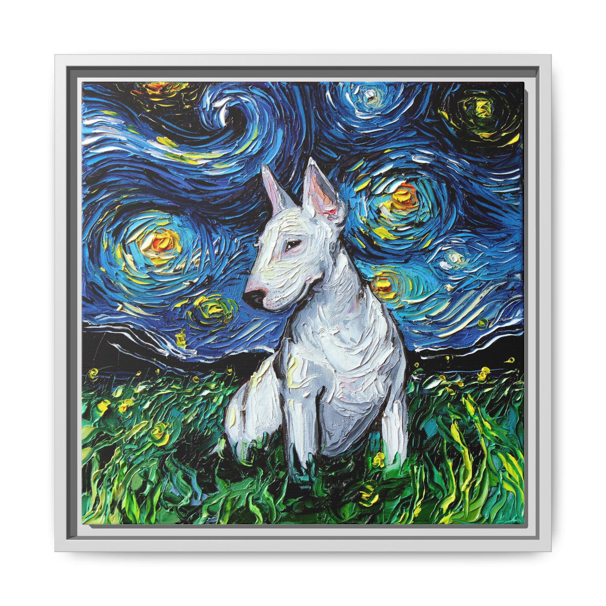 "Bull Terrier Night" Framed Canvas Wall Art