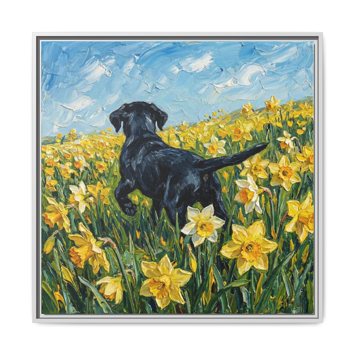 "Amongst The Flowers - Black Labrador" Framed Canvas Wall Art