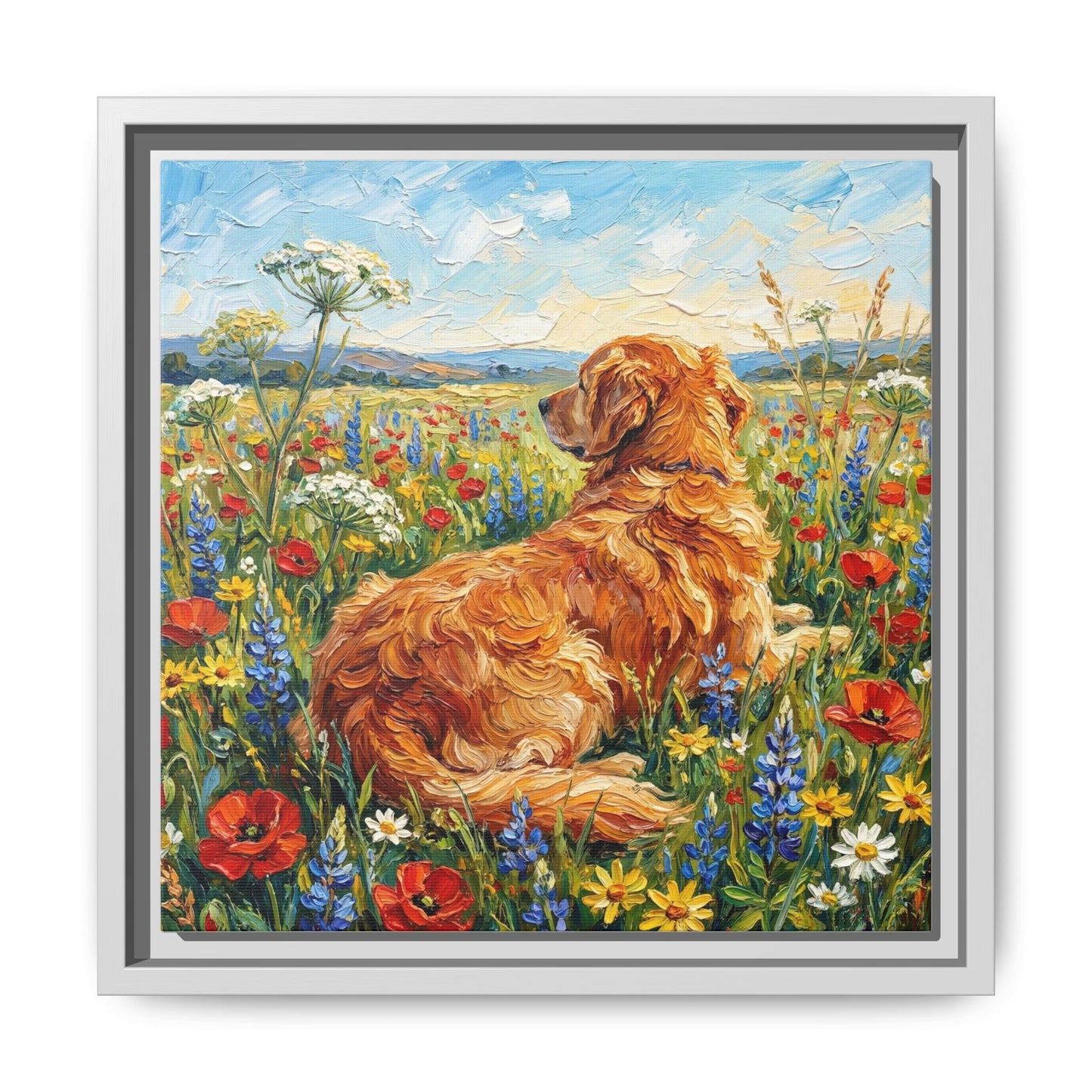 "Amongst The Flowers - Golden Retriever" Framed Canvas Wall Art