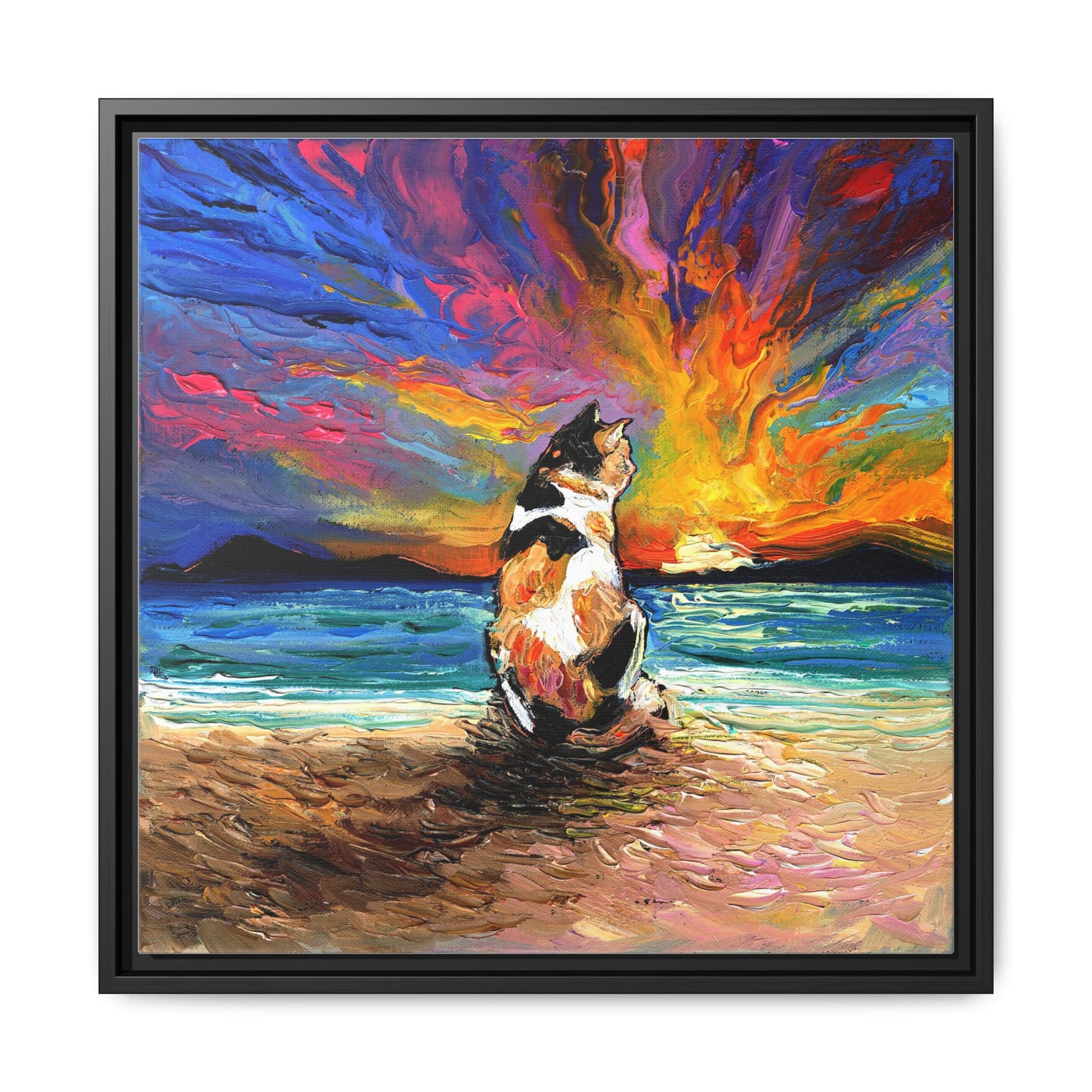 "Beach Day - Calico Cat" Framed Canvas Wall Art